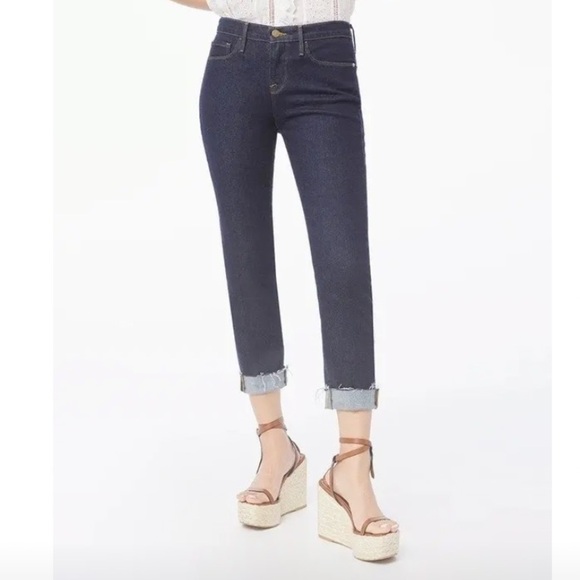 Frame Women’s Le Garçon Crop Raw Edge Cuff Thalia Dark Blue Denim 25 - Picture 1 of 14
